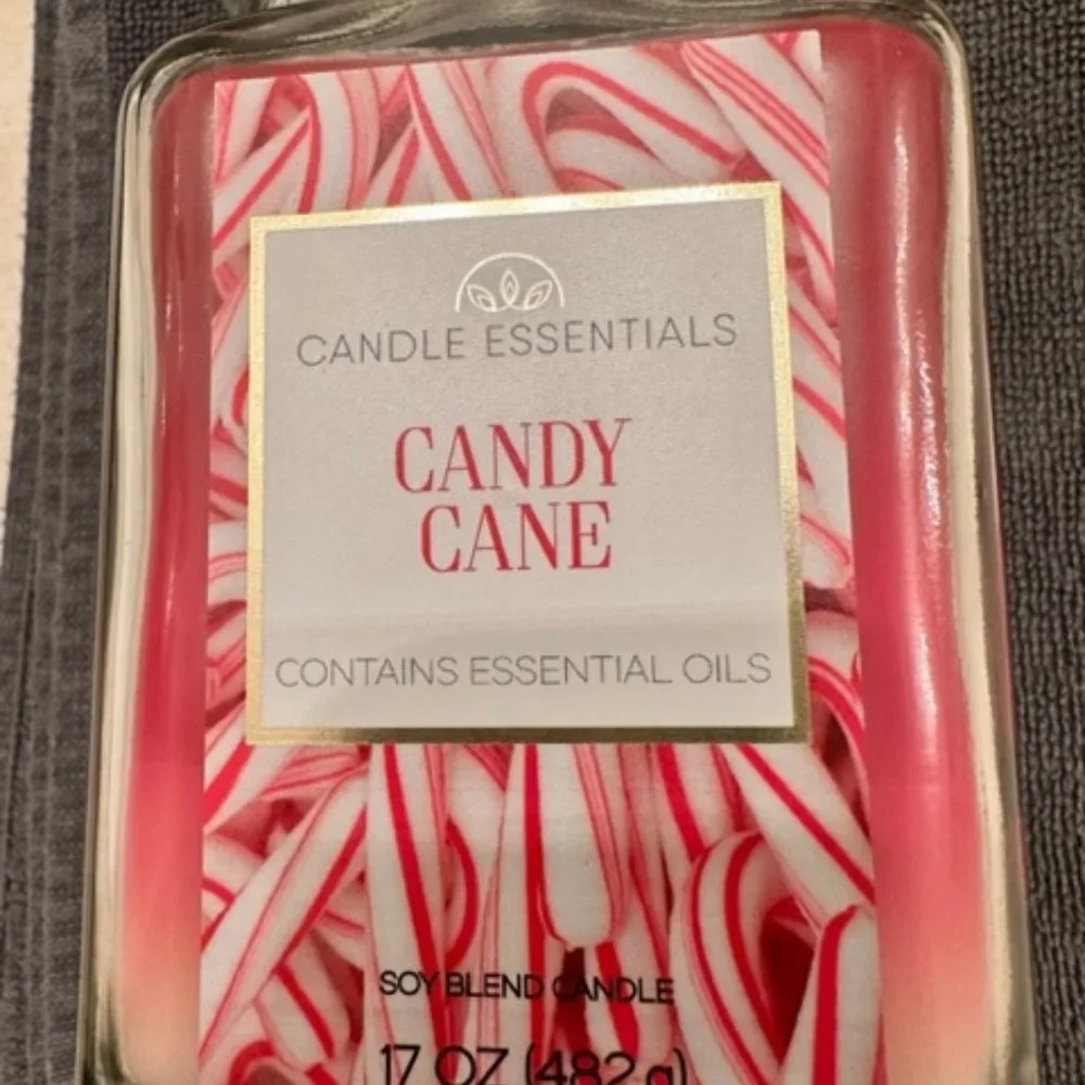 Candle Essentials Candy Cane Jar Candle LARGE SQUARE 17oz JAR ESSENTIAL OILS! - Picture 2 of 5